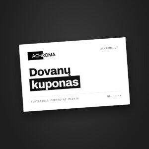 Baltas ACHROMA dovanų kuponas tamsiame fone